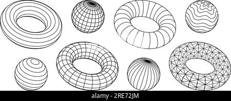 Wireframe torus and spheres collection. 3d outline grid shapes with different patterns. Black geometric elements for design templates, icons, logo. Abstract objects with connected lines. Vector pack Stock Vector