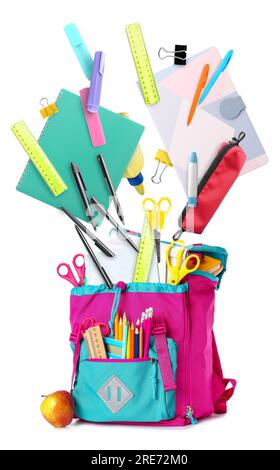 School backpack with flying stationery on white background Stock Photo