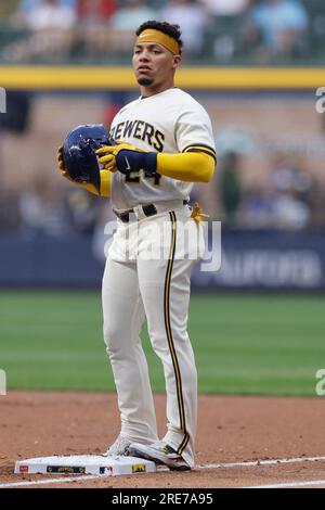 MILWAUKEE, WI - JUNE 08: Milwaukee Brewers catcher William Contreras (24)  bats during an MLB game against the Baltimore Orioles on June 08, 2023 at  American Family Field in Milwaukee, Wisconsin. (Photo