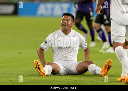 FC Juarez players DIEGO CHAVEZ (13) and SEBASTIAN SAUCEDO (23) celebrate  after their team scored a goal during the first half of a group round  Leagues Cup 2023 soccer match at Austin's