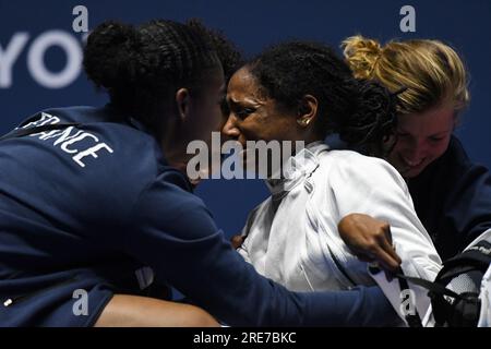 Marie-Florence Candassamy of France celebrates winning the 2023 FIE Fencing World Championship Women's Epee Final match against Alberta Santuccio of Italy in Milano, Italy on July 25, 2023. Photo by AFLO Stock Photo