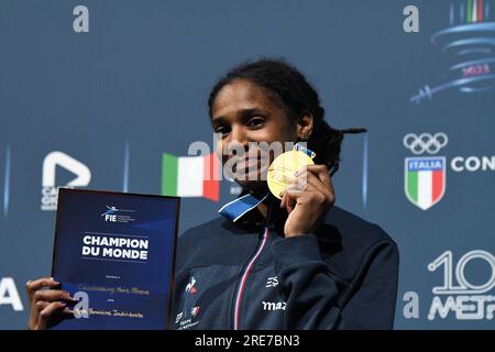 Champion Marie-Florence Candassamy of France celebrates during the 2023 FIE Fencing World Championship Women's Epee medal ceremony in Milano, Italy on July 25, 2023. Photo by AFLO Stock Photo