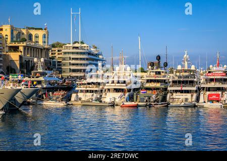 Monte Carlo, Monaco - May 24, 2023: Luxury apartment buildings and yachts in Yacht Club marina harbor for the Monaco Grand Prix F1 race Stock Photo