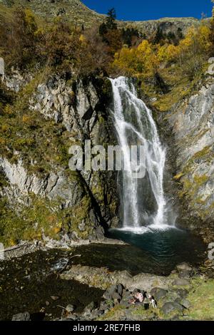 Saut deth Pish waterfall, Varradós valley, Aran, Lerida, Pyrenees mountain range, Spain, europe Stock Photo
