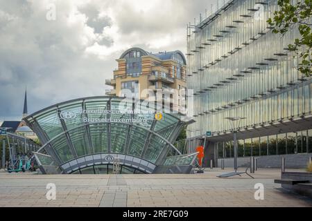 Brussels, Belgium, July 2023: View on Brussels Luxembourg train station entrance Stock Photo