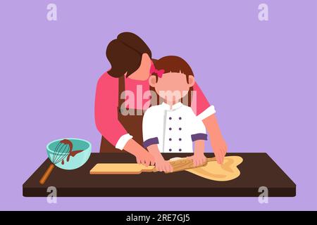 Character flat drawing beautiful young mom and daughter are playing and smiling while baking in kitchen at home. Happy mother and her little girl cook Stock Photo