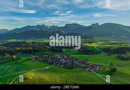 Autumnal view to the region around the castle ruins of Eisenberg and Hohenfreyberg near Pfronten on an october evening Stock Photo