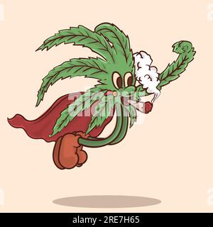 funky face weed flying while smoking retro mascot. cannabis vintage style mascot vector illutration Stock Vector