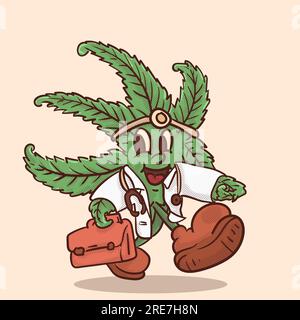 funky face weed in doctor suit mascot for medical ganja. cannabis vintage style mascot vector illutration Stock Vector