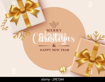 Merry christmas text vector template design. Christmas gift boxes and snowflakes elements in gold elegant color ornaments for card decoration. Vector Stock Vector
