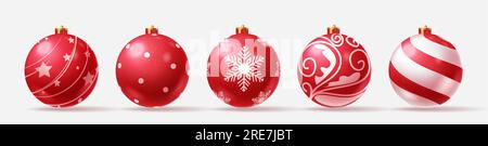 Christmas red balls vector set design. Christmas ball elements in red color with star and snowflakes pattern and print for holiday ornaments. Vector Stock Vector