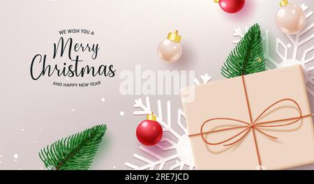 Merry christmas greeting text vector design. Christmas and new year holiday season with gift box, snowflakes and xmas balls elements. Vector Stock Vector