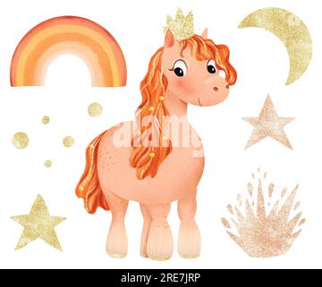 Set of isoletad elements: Princess, watercolor pony in the gold crown, stars, rainbow, moon. Little girl horse. Funny animal kid. Design for baby Stock Photo