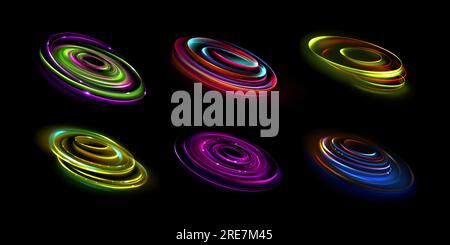 Neon flare ring halo vector optical light effect. 3d electric circle frame or radial speed vortex. Spiral orb sphere with abstract beautiful energy motion circles. Isolated geometrical fiber whirl Stock Vector