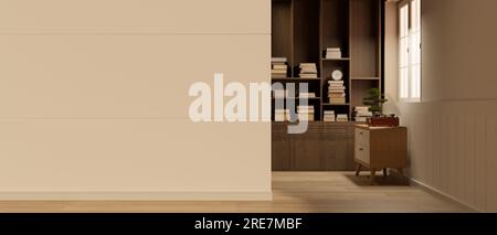 Comfortable and contemporary home living room with record player on a drawer, large bookshelves, and empty space on a white wall. 3d render, 3d illust Stock Photo