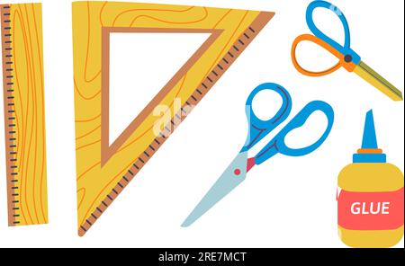 Assortment of school supplies, isolated geometric ruler and scissors for cutting. Glue in bottle and craft tools for classes and lessons. Do it yourse Stock Vector