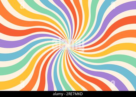 Groovy abstract rainbow swirl background. Retro vector design in 1960-1970s style. Vintage sunburst backdrop. Colorful summer hippie carnival Stock Vector