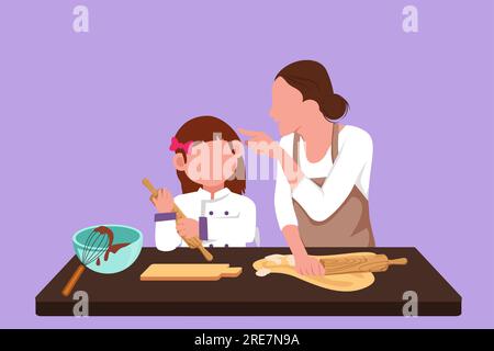 Cartoon flat style drawing happy mother and daughter wearing apron cook in kitchen. Mom and her little girl enjoying kneading cake dough or bakery tog Stock Photo