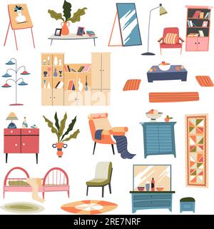 Furniture and decor for interior design at home. Isolated mirror and lamp, wardrobe and shelves for books, bed and houseplant, armchair and rug. Store Stock Vector