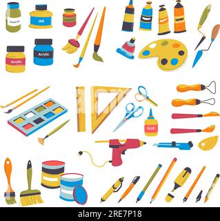 Supplies for school or university, lessons and classes, artwork courses. Isolated kit of palate and ruler, glue and scissors, tubes with pigments and Stock Vector
