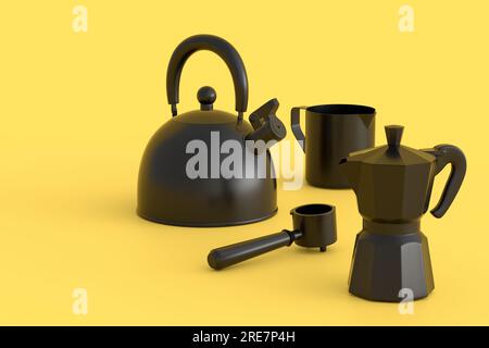 Espresso coffee machine, kettle with horn and geyser coffee maker for preparing breakfast on monochrome background. 3d render of coffee pot for making Stock Photo