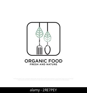 Organic food logo design inspiration, fresh and nature food and beverages restaurant vector illustration with line art style Stock Vector