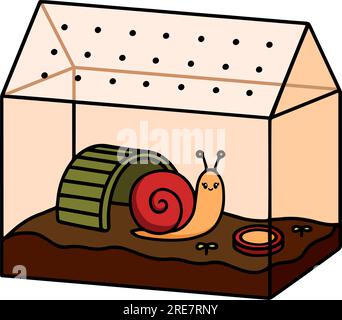 Cute pet snail in a terrarium vector illustration. Domestic garden snail decor from pet shops.. Stock Vector