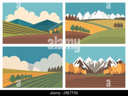 Vector illustration of landscape with mountains, trees, sky and clouds. Agricultural background in retro flat colors. Stock Vector