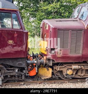 Diesel 'Chris Fudge' linking up to unnamed WCR 37706 diesel loco in WCR 'claret' livery,at the rear of Sierra Leone steam train 25th July 2023. Stock Photo