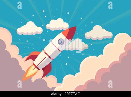 A rocket flies through the clouds into space vector illustration. Space ship launch business concept in simple colors, flat design. Stock Vector
