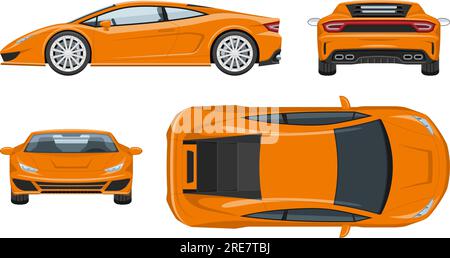 Orange sports car vector template, simple colors without gradients and effects. View from side, front, back, and top Stock Vector