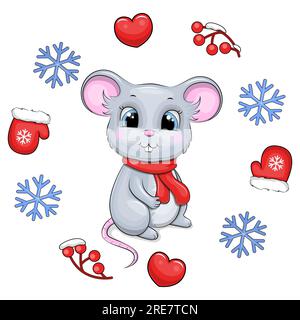 Cute cartoon mouse with a red scarf in a winter frame. Vector illustration of an animal with red mittens, berries, hearts and blue snowflakes. Stock Vector