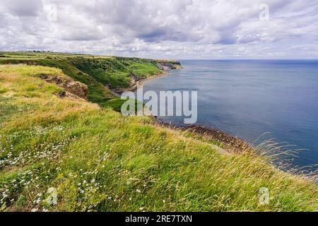 Clifftop view of Kettleness headland from the Cleveland Way long distance footpath. This is about a mile and half from Sandsend looking North. Stock Photo