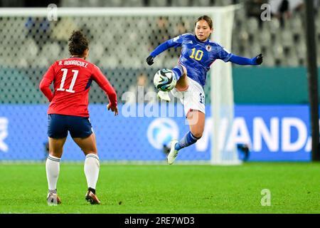 Dunedin, New Zealand. 26th July, 2023. Nagano Fuka (R) of Japan controls the ball during the group C match between Japan and Costa Rica at the FIFA Women's World Cup Australia & New Zealand 2023 in Dunedin, New Zealand, July 26, 2023. Credit: Zhu Wei/Xinhua/Alamy Live News Stock Photo