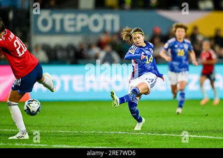 Dunedin, New Zealand. 26th July, 2023. Hasegawa Yui (C) of Japan shoots during the group C match between Japan and Costa Rica at the FIFA Women's World Cup Australia & New Zealand 2023 in Dunedin, New Zealand, July 26, 2023. Credit: Zhu Wei/Xinhua/Alamy Live News Stock Photo