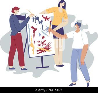 People drawing painting on art therapy session. Isolated characters relieving stress and problems troubles on canvas. Meditation and treatment for men Stock Vector