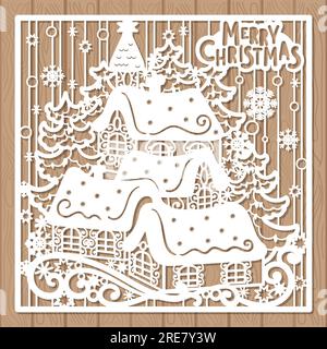 Template for laser cutting. Merry Christmas. Postcard. Vector Stock Vector