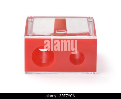 Front view of red dual makeup eye and lips pencil sharpener isolated on white Stock Photo