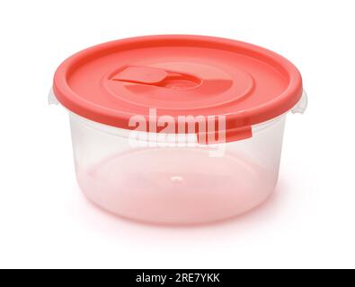 Empty round plastic reusable storage food container with red lid isolated on white Stock Photo