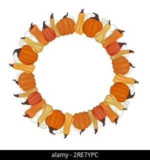 Round frame of pumpkins with place for text isolated from the background. Vector template with vegetables wreath and copy space. Farm border Stock Vector