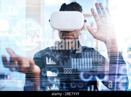 Virtual reality, hologram and business man with a headset to review statistics, cyber administration or AI software. UI overlay, future economy Stock Photo