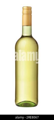 Front view of unlabeled white wine bottle with golden screw cap  isolated on white Stock Photo