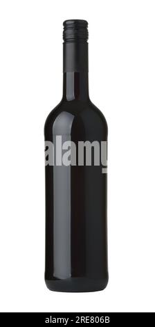 Front view of unlabeled  red wine bottle with black screw cap isolated on white Stock Photo