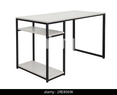 Empty modern computer desk made of wood and steel isolated on white Stock Photo
