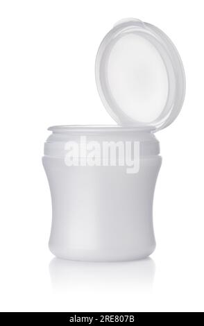 Front view of open empty blank round plastic jar isolated on white Stock Photo