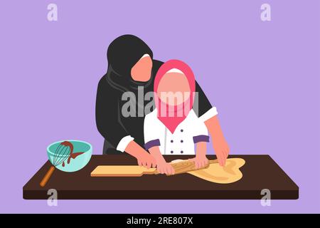 Graphic flat design drawing beautiful Arabian mom and daughter are playing and smiling while baking in kitchen at home. Happy mother and little girl c Stock Photo