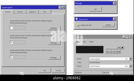 Interface of windows, old version or xp. Buttons and information on display, isolated tables with options and settings. Panel with recycle bin, screen Stock Vector