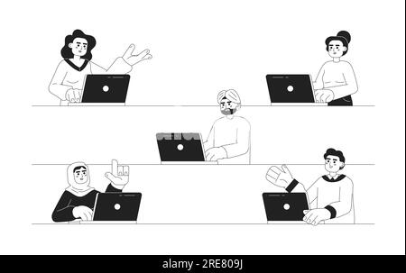 Multicultural people working on laptop monochromatic flat vector characters Stock Vector