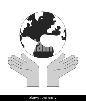 Hands protect earth flat monochrome isolated vector object Stock Vector