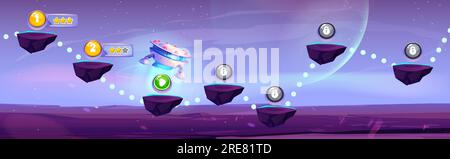 Arcade game progress map on space background. Vector cartoon illustration of alien aircraft traveling between floating islands to collect bonus points, golden stars and lock icons on stone platforms Stock Vector